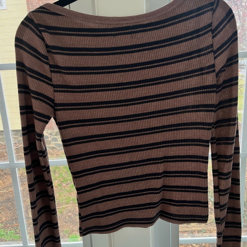 Brown and Black Ribbed Fitted Long Sleeve Blouse